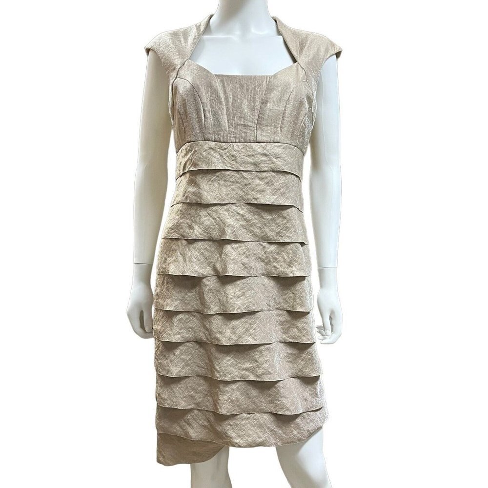 London Times Shimmer Tiered Pleats Cap Sleeve Sheath Dress‎ Size 10 (K10255)